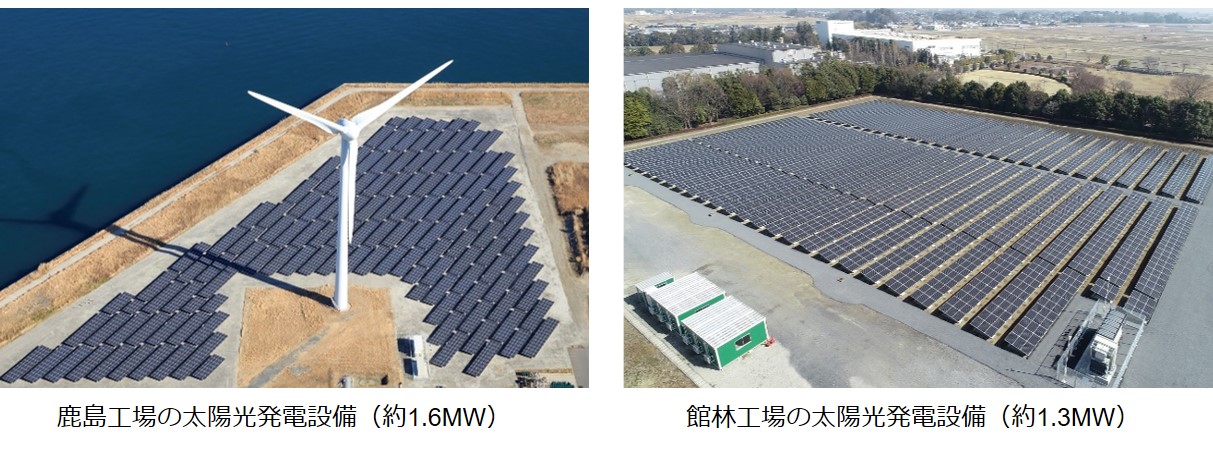 鹿島工場の太陽光発電設備（約1.6MW）　館林工場の太陽光発電設備（約1.3MW）