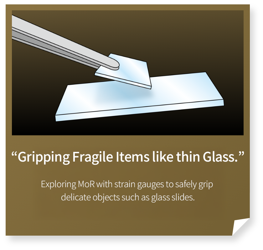 “Gripping Fragile Items　like thin Glass.”
Exploring MoR with strain gauges to safely grip delicate objects such as glass slides.