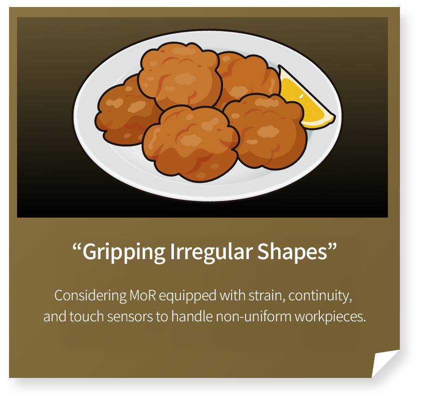 “Gripping Irregular Shapes”
Considering MoR equipped with strain, continuity, and touch sensors to handle non-uniform workpieces.
