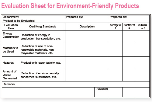 Since 2003, DIC has used a proprietary system for designating environment-friendly products and uses a proprietary sheet to evaluate products based on energy consumption, materials to be used, hazards and waste generated, as well as to conduct life cycle assessments.