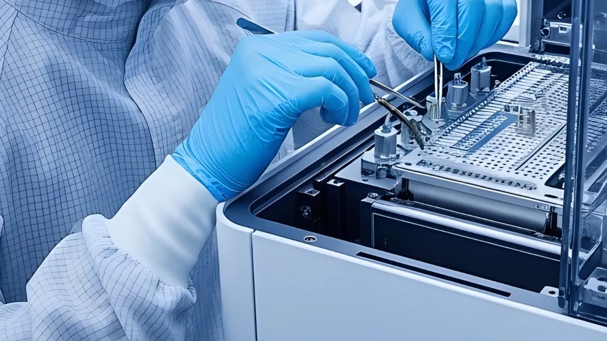 Technician operating a precision laboratory or production instrument, representing DIC’s technical expertise and hands-on research and development support.