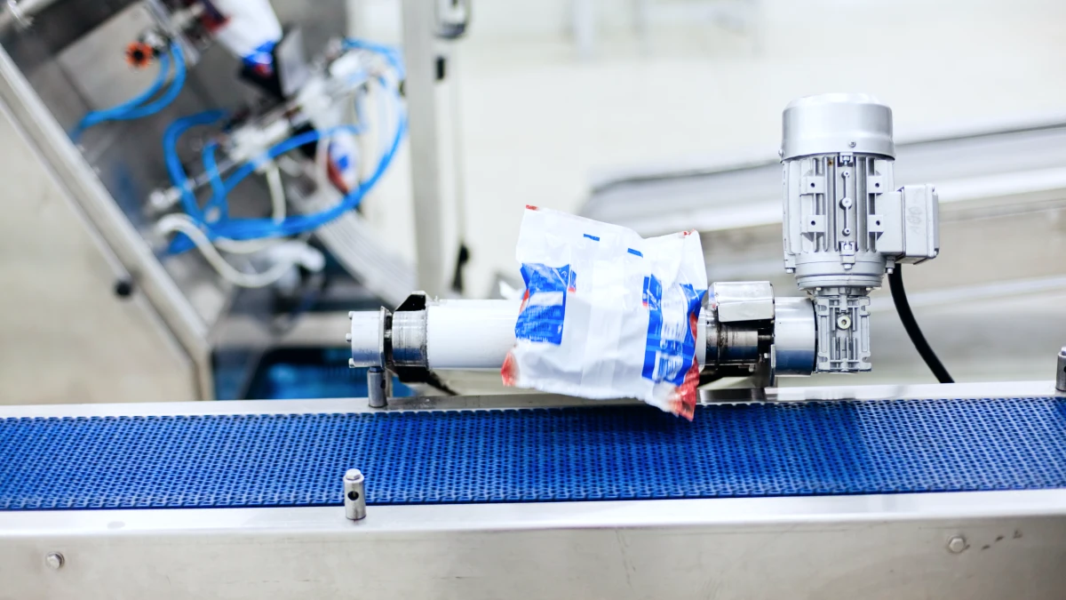 Packaging inspection or production line with automated equipment handling flexible packages, illustrating quality control and customer support in manufacturing processes.