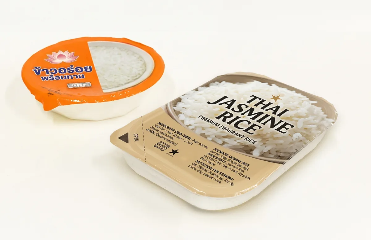 Cooked jasmine rice packs with peelable lids
