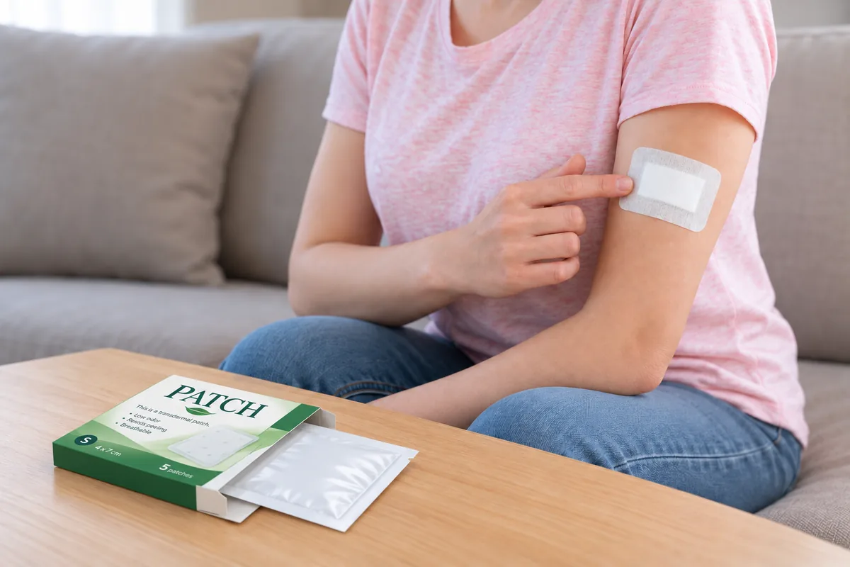 Woman applying a transdermal patch to her upper arm, with the patch package on the table