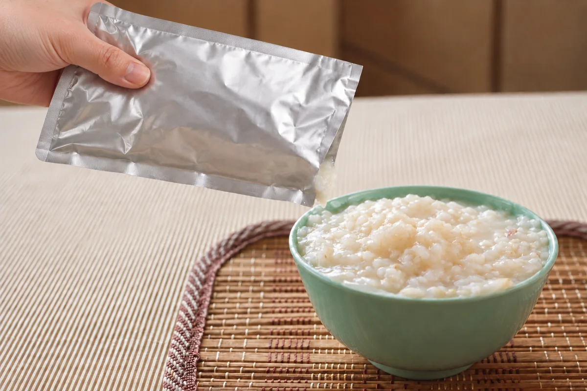 Hand pouring rice porridge from an aluminum retort pouch into a bowl