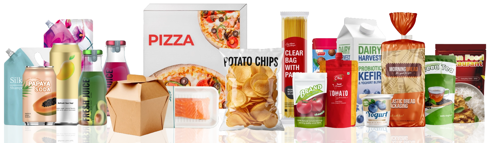 Assorted packaged foods and drinks illustrating innovative packaging and graphic solutions