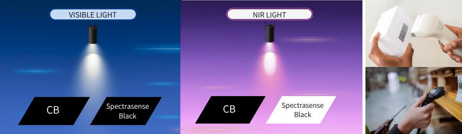 Spectrasense Blackの通常光およびNIR照射下での見え方の比較。通常光では黒く見え、NIR照射下では透明に見える様子を示す。