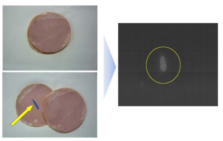 The system detects near infrared emitted by mock plastic contaminants in food (here, ham)
