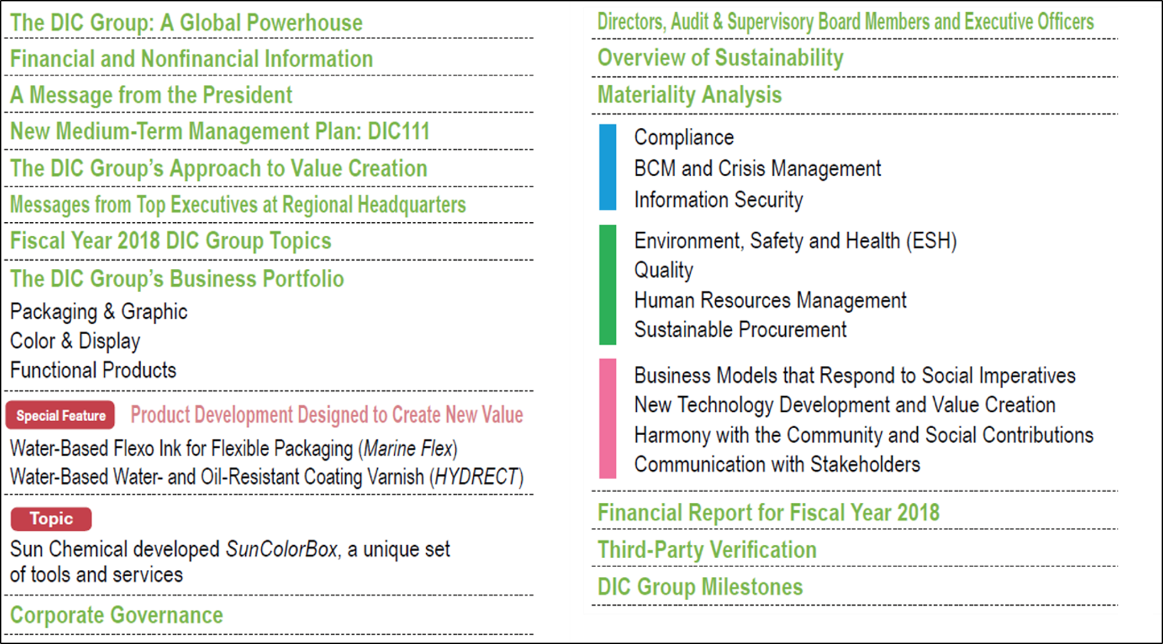Contents page of the summary version of DIC Report 2019